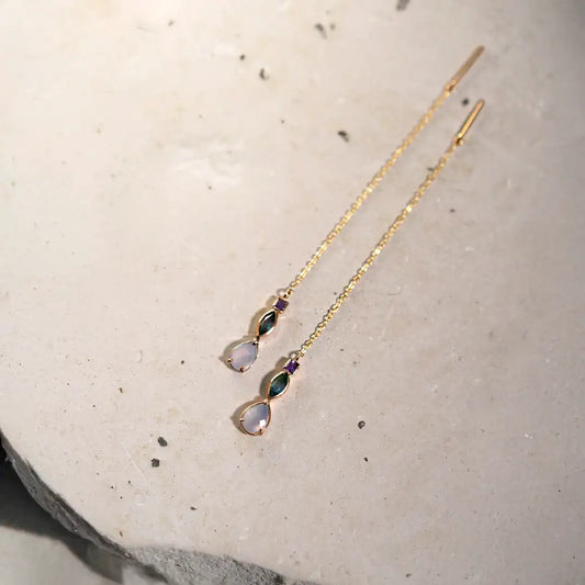 Aretes de Oro Pasantes Alhelí con Amatista, Topacio y Calcedonia