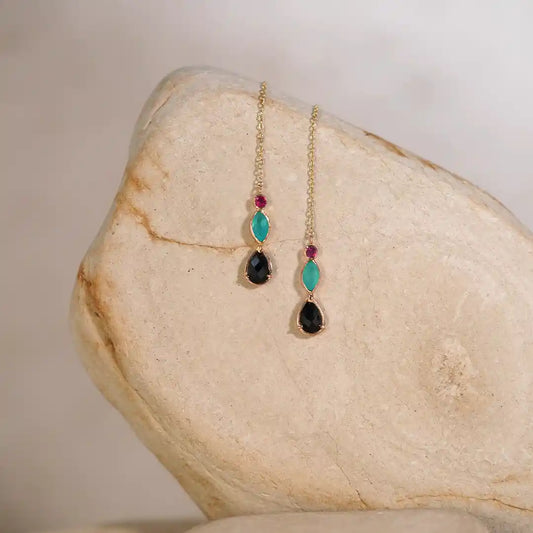 Aretes de Oro Pasantes Alhelí con Rodolita, Ópalo Andino y Obsidiana