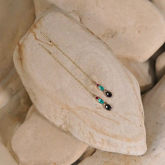 Aretes de Oro Pasantes Alhelí con Rodolita, Ópalo Andino y Obsidiana