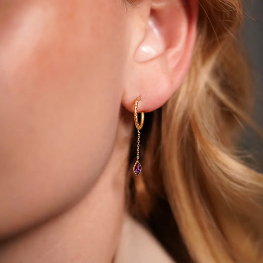 Hammered Gold Hoop Earrings with Amethyst Pendant 18k