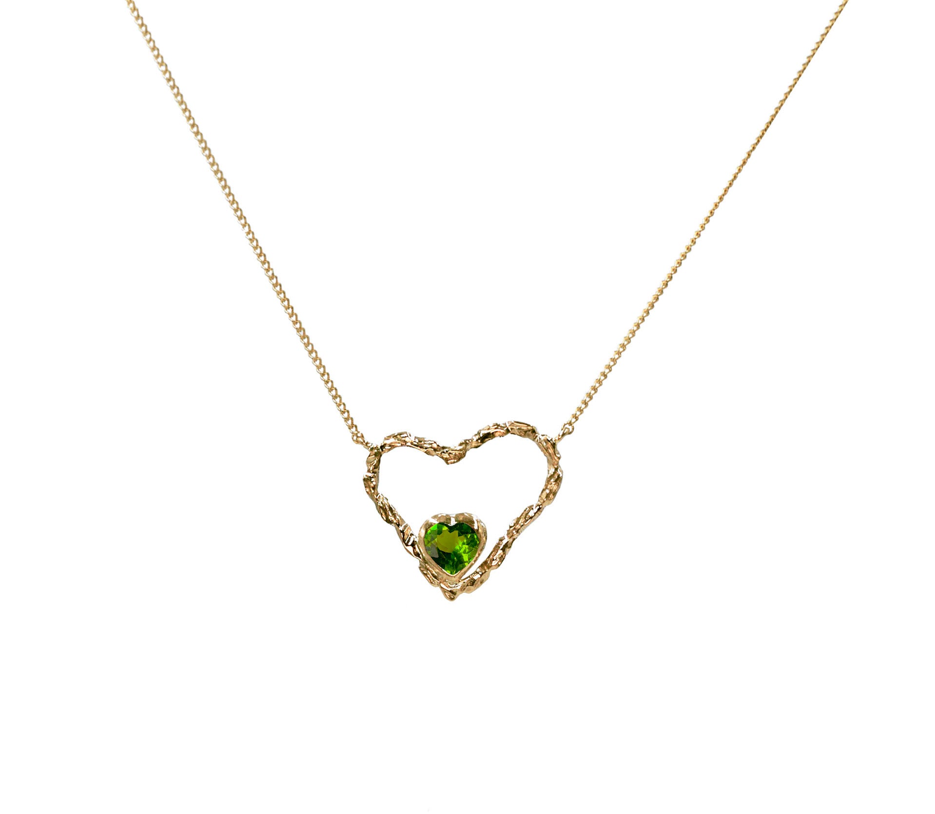 Collar de Oro 18k Orgánico Doble Corazón con Peridoto | Sissai Joyería 