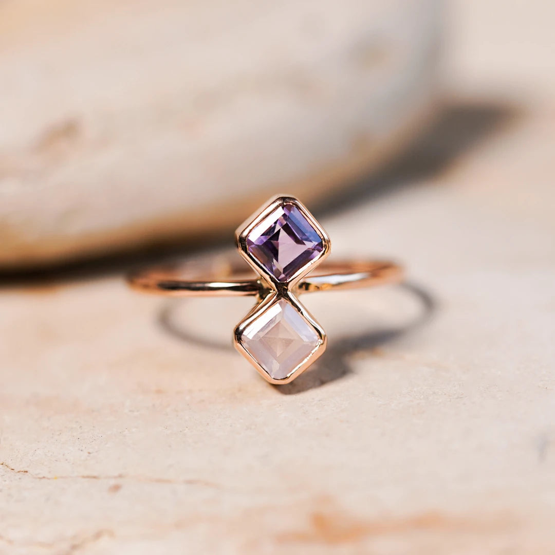 anillo oro 18k amatista cuarzo rosa