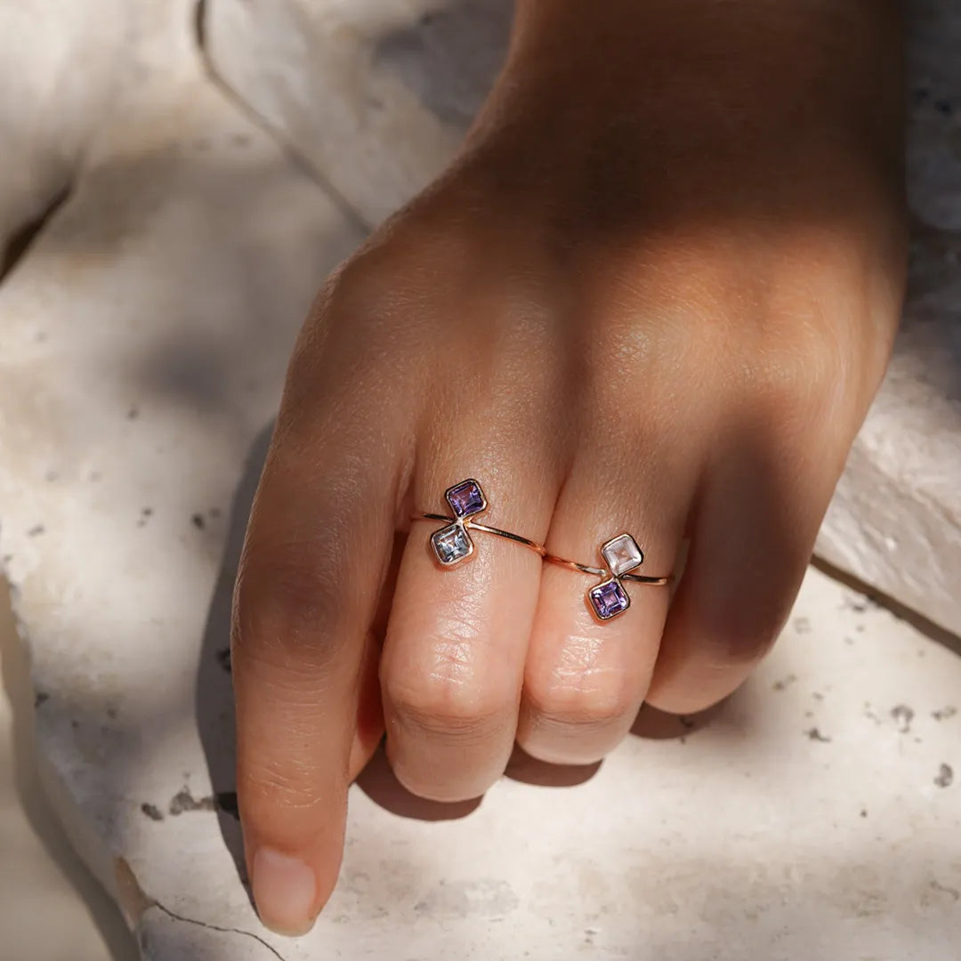 anillo oro 18k amatista zircon cuarzo rosa joya