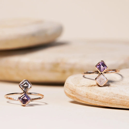 anillos de Oro 18k piedras amatista zircon y cuarzo rosa
