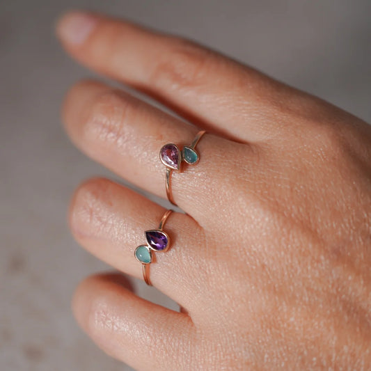 Anillo de Oro 18k Doble Turmalina Fucsia y Ópalo Andino