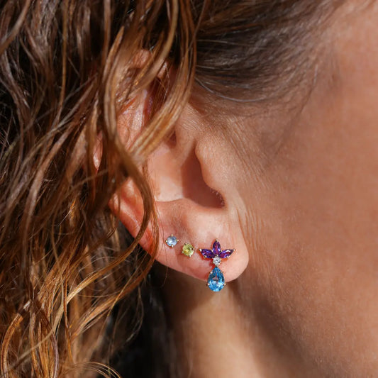 Aretes de Oro 18K Flor Amatistas, Topacios y Diamantes