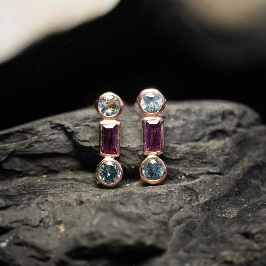aretes oro aguamarina rodolita