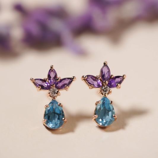 Aretes de Oro 18K Flor Amatistas, Topacios y Diamantes