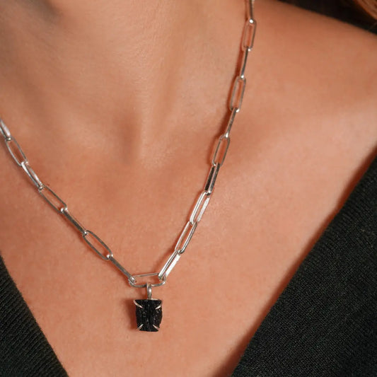 Silver Necklace with Raw Black Tourmaline Stone Links